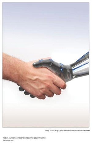 Figure 3: Author Three - Icon/Poster Image Image showing human hand shaking robot hand. Robot-Human Collaborative Learning Communities.